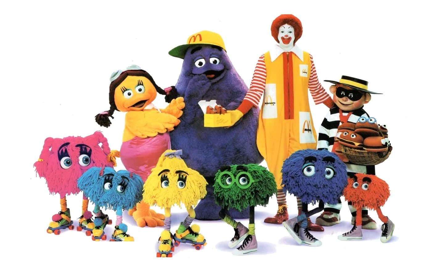 Classic McDonaldland characters: Ronald McDonald, Grimace, Birdie, Hamburglar and the Fry Kids
