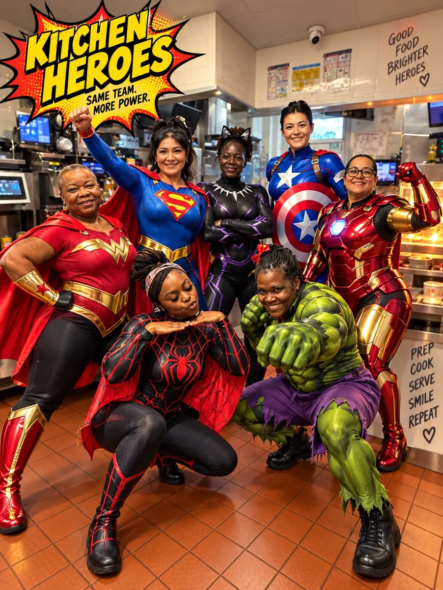Crew in superhero costumes under a Kitchen Heroes sign